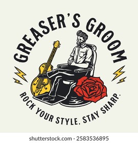 A vintage rockabilly-style barbershop logo, featuring a greaser sitting with a guitar, styled in classic tattoo aesthetics. A perfect emblem for barbershops and retro-themed branding.