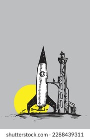 Vintage Rocket doodle art at the launching pad. Editable Clip Art.