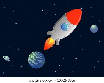Vintage rocket leaving a planet into outer space vector