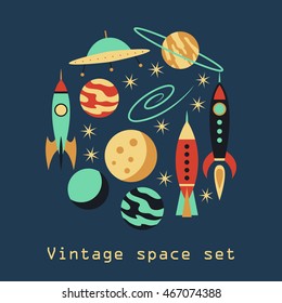 Vintage rocket space set. Vector illustration