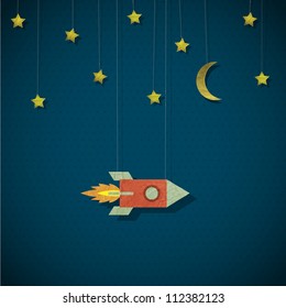 Vintage rocket in space. Vector paper-art