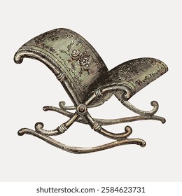 Vintage rocking chair with ornate floral patterns. Elegant, antique design. Rocking chair with curved legs. Perfect for vintage decor enthusiasts. Vintage art illustration, vector.