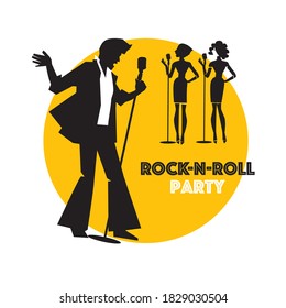 Vintage rock-n-roll singer in karaoke bar for card, header, invitation, poster, social media, post publication. vector poster with musicians  
