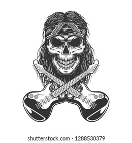 Vintage rockstar skull in bandana with crossed electric guitars isolated vector illustration