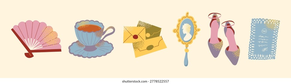 Vintage Rococo Accessories Vector Set: 18th Century Aesthetic Elements with Hand Fan, Teacup, Wax Seal Letters, Cameo Mirror, and Heels. Elegant Baroque Clipart for Stationery and Brand Design