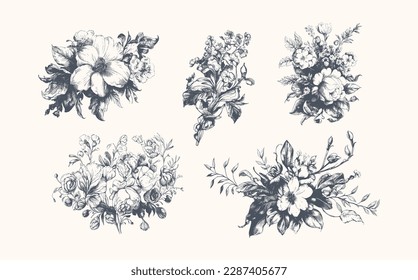 Vintage-Rokoko oder Barockset mit Blumen, Blättern und Schlingen. Viktorianische und arabische Dekoration.
