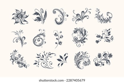 Vintage rococo or baroque set with flowers, leaves and swirls. Victorian and arabesque decorations.