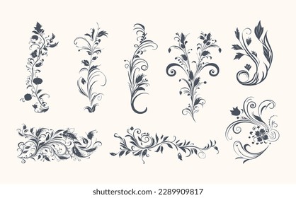 Vintage rococo or baroque set with flowers, leaves and swirls. Victorian and arabesque decorations.