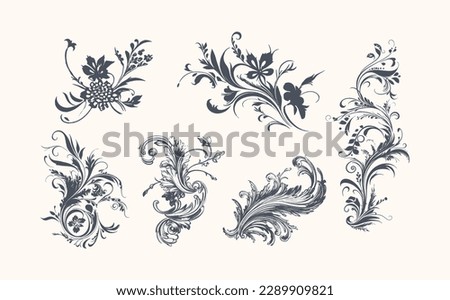 Vintage rococo or baroque set with flowers, leaves and swirls. Victorian and arabesque decorations. Stok fotoğraf © 