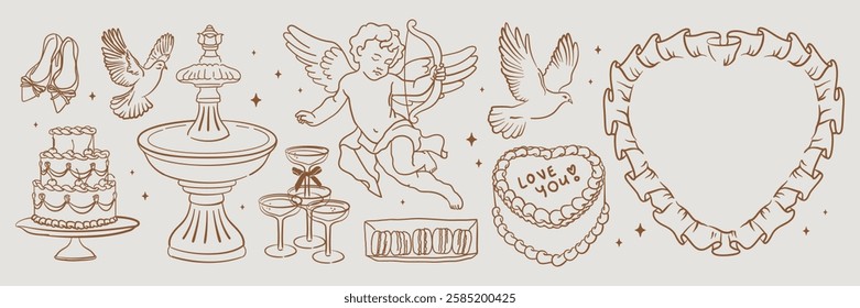 Vintage Rococo Illustrations for Wedding or Valentine's Day. Cupid, doves, cake, glasses. Hand drawn doodle line drawing sketch. La dolce vita style. Antique Victorian Collection.	