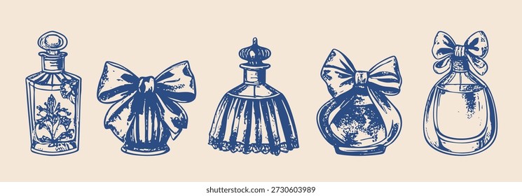 vintage rococo perfume garrafa ilustrações, mão desenhada gravura estilo