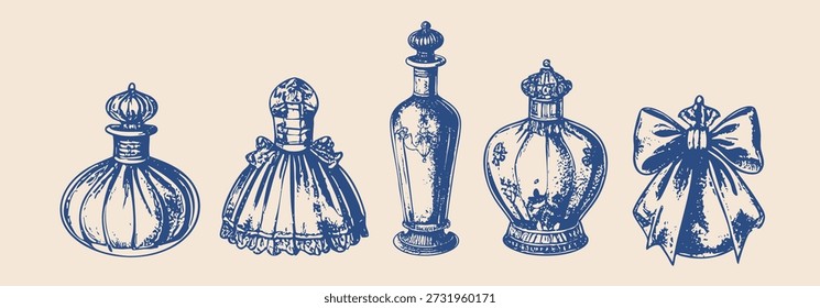 vintage rococo perfume garrafa ilustrações, mão desenhada gravura estilo