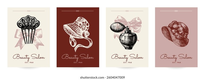 Vintage rococo poster set with sketch woman accessories. Hand drawn illustrations. Perfect for beauty salons, cosmetic branding, magazine cover, and fashion ads. Not AI generation