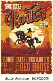 Vintage Rodeo Advertising Poster With Inscriptions And Cowboy Riding Horse On Desert Landscape Vector Illustration