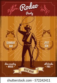 Vintage Rodeo Poster With Cowboy Throwing Lasso And Wild West Elements Vector Illustration