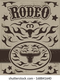 Vintage Rodeo poster - longhorn skull -belt buckle - Text and grunge effect are removable