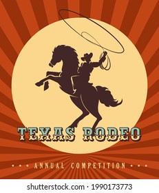 Vintage Rodeo poster. Silhouette of cowboy with lasso ride a wild horse. Vector Illustration.