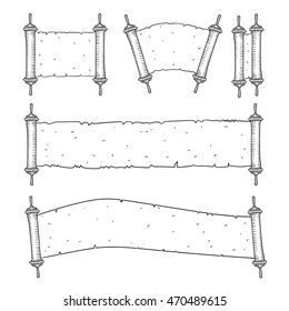 Vintage Roll of antique blank manuscript over white. Ancient scroll of the Law. contour doodle style. Black and white