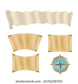 Antiguas rollo de papel viejo y brújula conjunto de Ilustración vectorial. Aislado sobre fondo blanco.