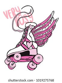 Vintage roller skate with wings. patch sticker design.