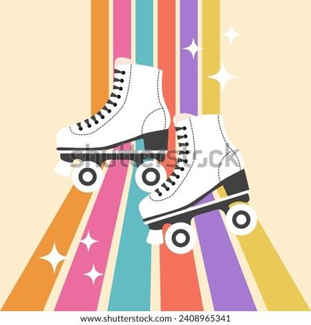 Vintage roller skates on a rainbow background. Retro icon, illustration in flat cartoon style. Vector