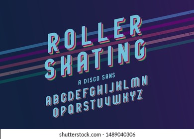 Vintage roller skating font with blue elegant letters and colorful slanted lines vector illustration