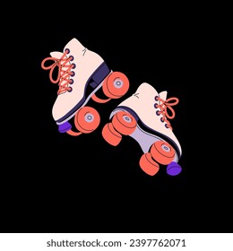 Vintage rollerskate, retro shoe with wheels. Footwear for roll on rink, skating. Active hobby, sport leisure. 70s, 80s, 90s nostalgia. Retrowave vibe. Roller derby. Flat isolated vector illustration