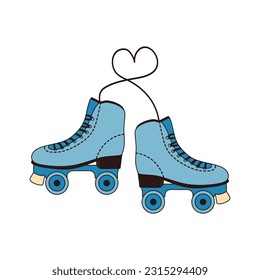 Vintage rollerskates with lacing heart. Sport and disco. Retro fashion style from 80s. Vector illustration.