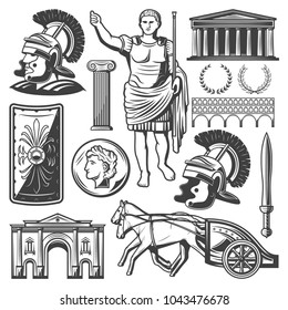 Vintage Roman Empire Elements Set With Gladiator Sword Shield Chariot Emperor Caesar Triumphal Arch Pantheon Coin Column Coliseum Isolated Vector Illustration