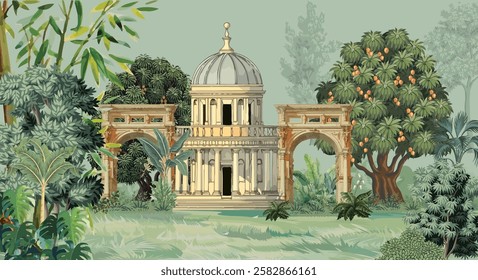 Vintage Roman Garden Illustration, Mughal Garden Mural, Roman Dome, Mughal Arch.