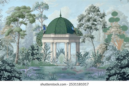 Ilustração de jardim romano vintage, Pavão, cúpula, fundo de aquarela.