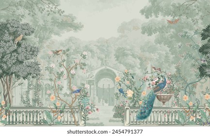 Vintage Roman mural wallpaper with garden, forest, peacock, bird, flower vase, botanical plant landscape illustration