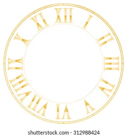 Vintage Roman numeral clock. Golden Roman numerals. Vector illustration isolated on white background