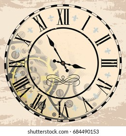 Vintage Roman numeral clock with mechanism. Vector drawing the effect of aging.