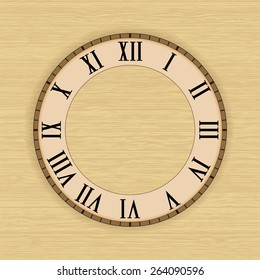 Vintage Roman numeral clock.   Vector illustration on wood texture