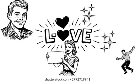 Vintage Romance Typography Composition with Retro Youth Characters Spark Elements and Mid Century Inspired Monochrome Illustrations