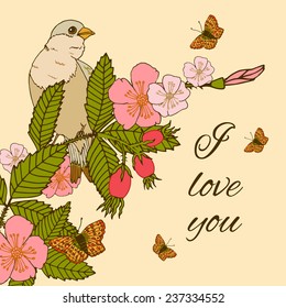 Vintage romantic abstract summer flower branches postcard background with bird and butterflies vector illustration.