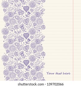 Vintage romantic background with hearts and flowers on lined paper. Place for you text