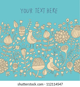 Vintage romantic background with pigeons and flowers. Bird, floral card with place for you text, wedding invitation. Seamless cute border.