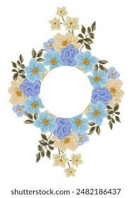 Vintage romantic blue flower frame wreath arrangement with rose florals, peony, poppy, wildflower, and leaf branch illustration elements for wedding invitation, greeting card, prints, decorations