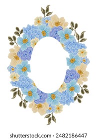 Vintage romantic blue flower frame wreath arrangement with rose florals, peony, poppy, wildflower, and leaf branch illustration elements for wedding invitation, greeting card, prints, decorations