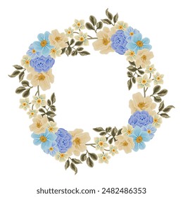 Vintage romantic blue flower frame wreath arrangement with rose florals, peony, poppy, wildflower, and leaf branch illustration elements for wedding invitation, greeting card, prints, decorations