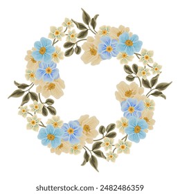Vintage romantic blue flower frame wreath arrangement with rose florals, peony, poppy, wildflower, and leaf branch illustration elements for wedding invitation, greeting card, prints, decorations