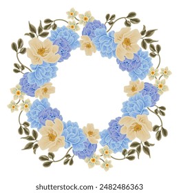 Vintage romantic blue flower frame wreath arrangement with rose florals, peony, poppy, wildflower, and leaf branch illustration elements for wedding invitation, greeting card, prints, decorations