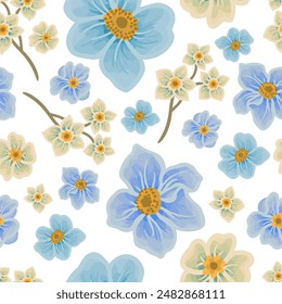 Vintage romantic blue flower seamless pattern with rose florals, peony, wildflower, and leaf branch illustration elements for gift wrapping paper, fabric, textile, prints, decorations