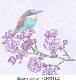 Vintage romantic card with bird and blooming flowers. Vector hand drawn illustration. Retro background. Shabby chic flower background for you design and scrapbooking. 