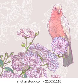 Vintage romantic card with bird and blooming flowers. Vector hand drawn illustration. Retro background. Shabby chic flower background for you design and scrapbooking. 