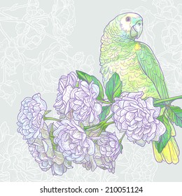 Vintage romantic card with bird and blooming flowers. Vector hand drawn illustration. Retro background. Shabby chic flower background for you design and scrapbooking. 