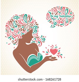 Vintage romantic card for Happy Valentine's day. Vector illustration. Beautiful woman portrait with stylized hair in turquoise and pink colors. 