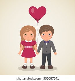 Vintage romantic card for Valentines Day. Loving couple, smiling boy in suit with bow tie and girl in smart dress holding balloon in the shape of heart, vector illustration